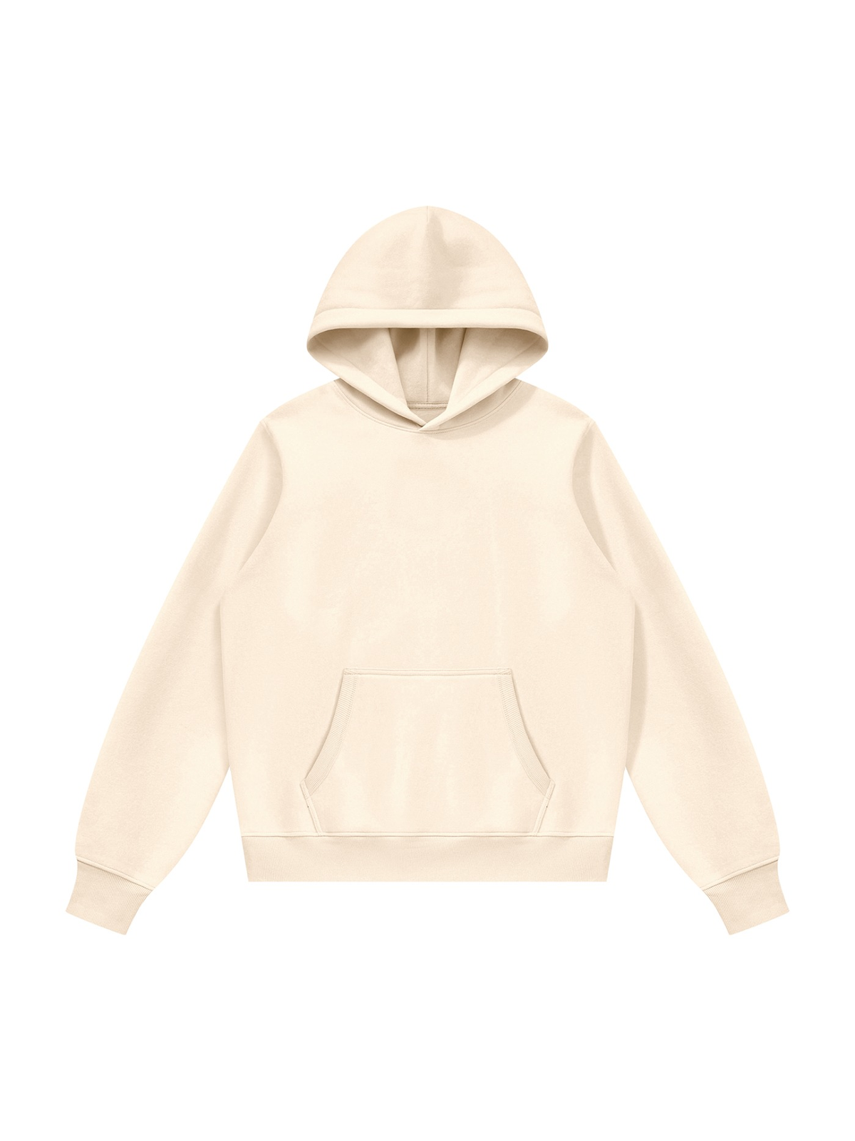 Unisex fleece regular shoulder hoodie in Apricot, front view on white. Marcel Afters