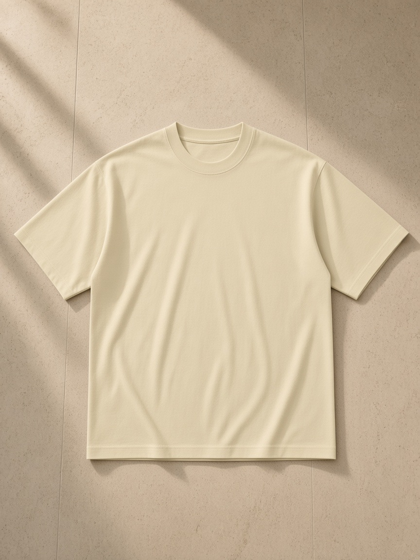 Unisex heavyweight oversized t-shirt in Khaki, laid flat on pale limestone