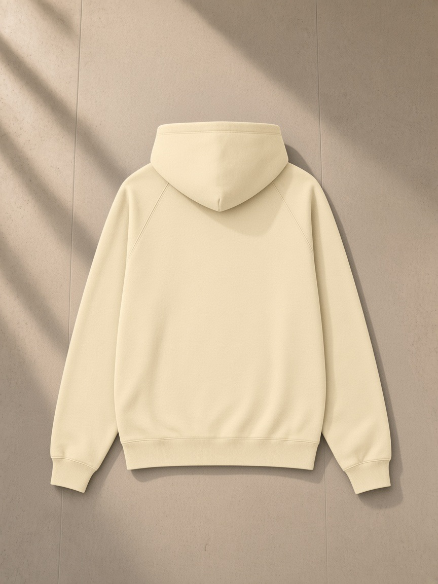 Essential Raglan Sleeve Fleece Hoodie in Apricot, laid flat on pale limestone, back view
