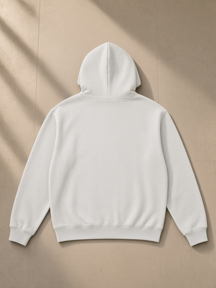 Back of the Oat Gray Men's Heavyweight Full Zip Hoodie, laid flat