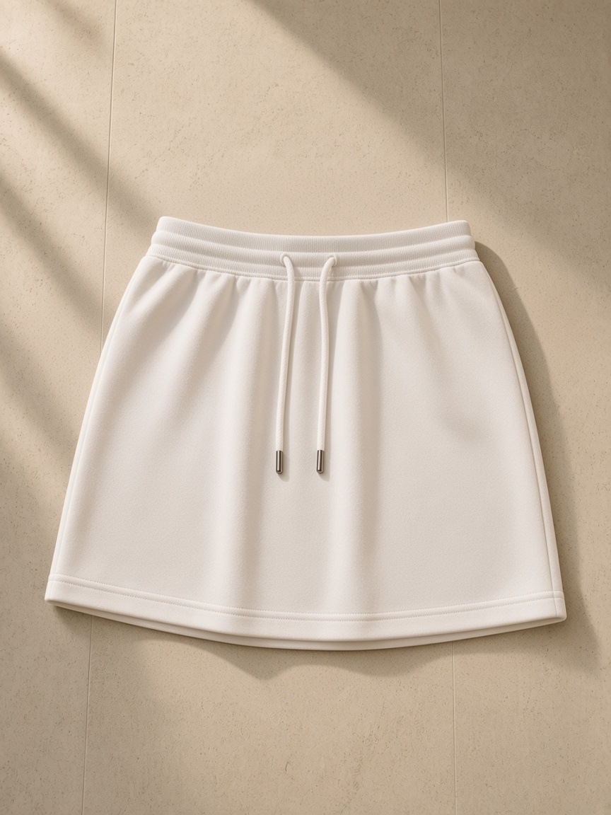 Women's drawstring skirt in White, laid flat on pale limestone