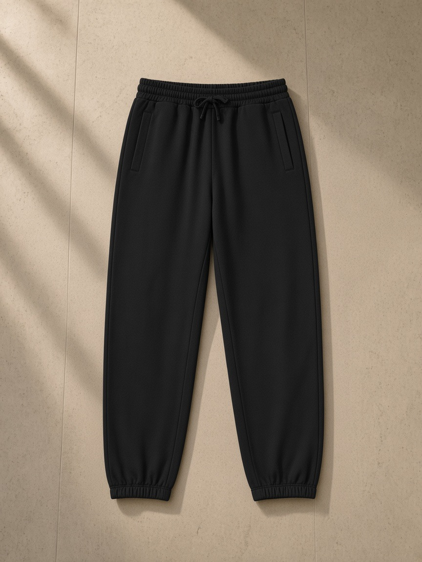 Men's Loose Fit Tapered Joggers in Black, laid flat on pale limestone