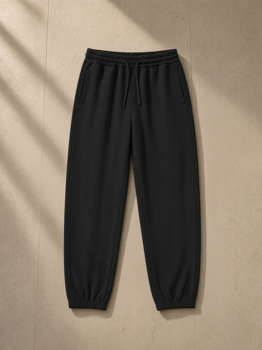 Women's Loose Fit Tapered Joggers in Black, laid flat on pale limestone
