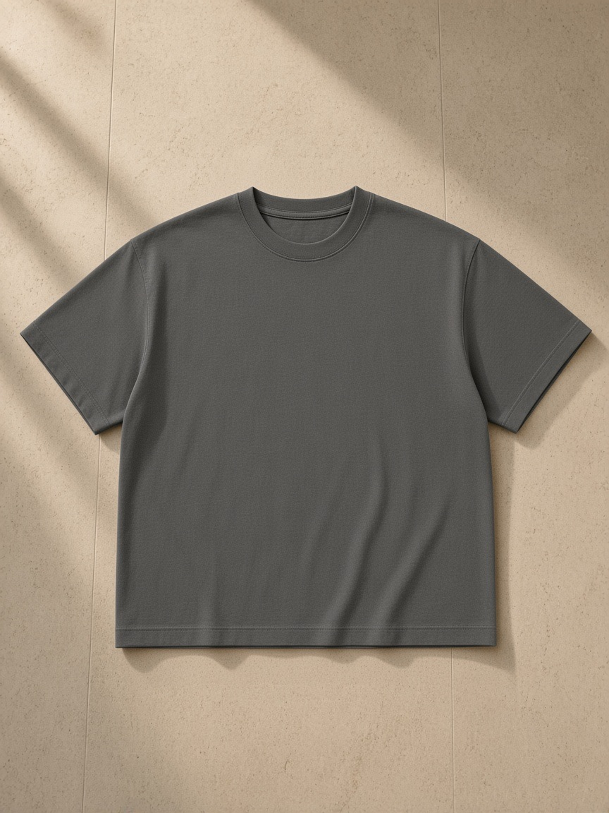 Unisex cotton boxy t-shirt in Medium Gray, front view on white. Marcel Afters
