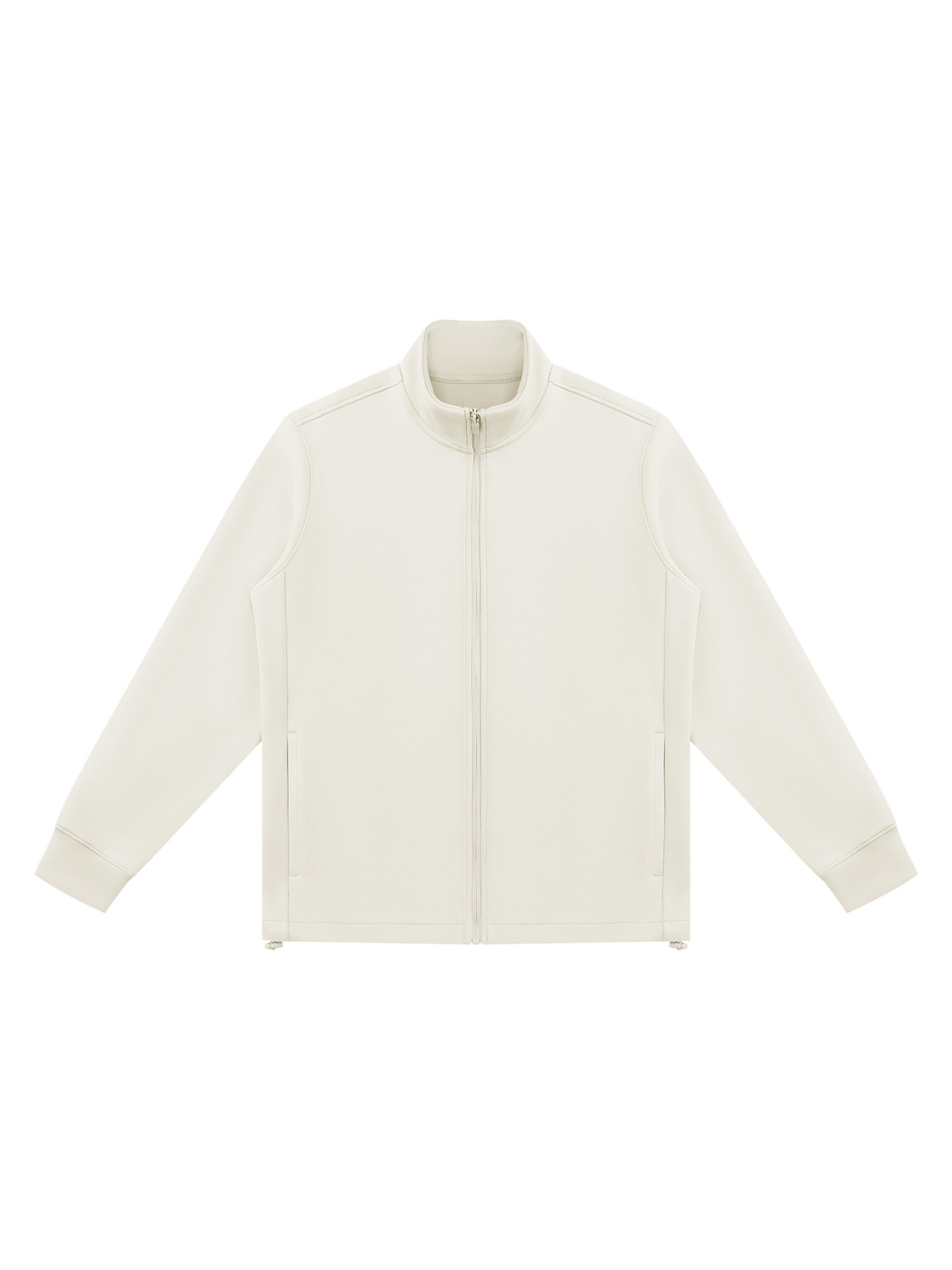 Stand Collar Jacket in Beige, laid flat on pale limestone, front.