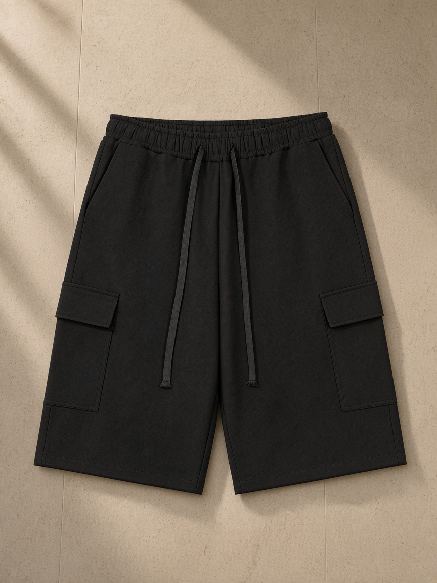 Drawstring cargo shorts in Black, laid flat on pale limestone