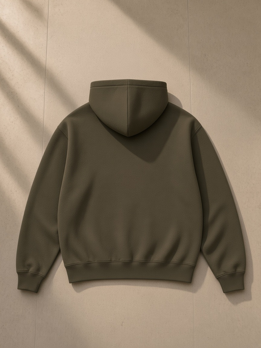 Unisex heavyweight fleece hoodie in Olive Green draped over a pool lounger in an Aman Bali villa at night
