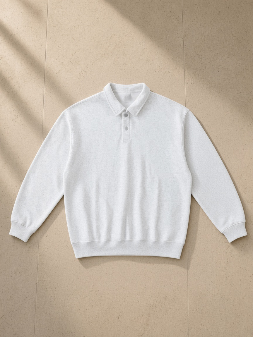 Heavyweight Polo-Collar Sweatshirt in Flower Gray, laid flat on pale limestone, front.
