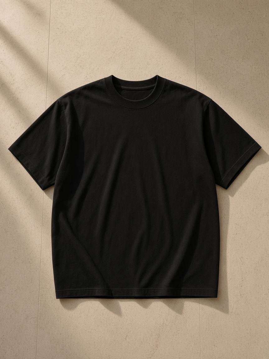 Pure Cotton T-Shirt in Classic Black, laid flat on pale limestone