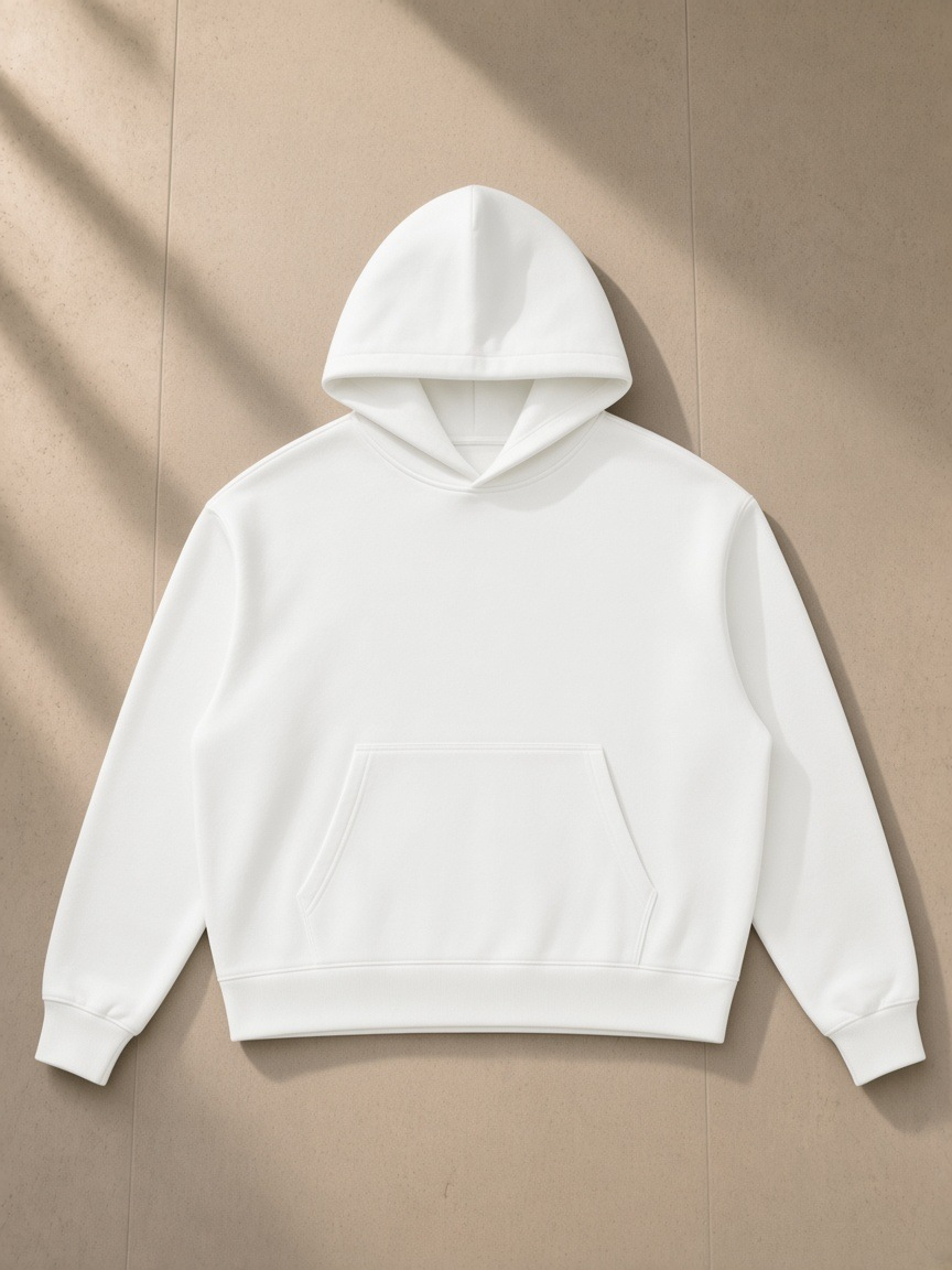 Drop Shoulder Hoodie in White, laid flat on pale limestone