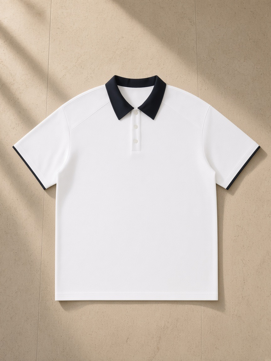 Contrast Collar Raglan Polo Shirt in White, laid flat on pale limestone