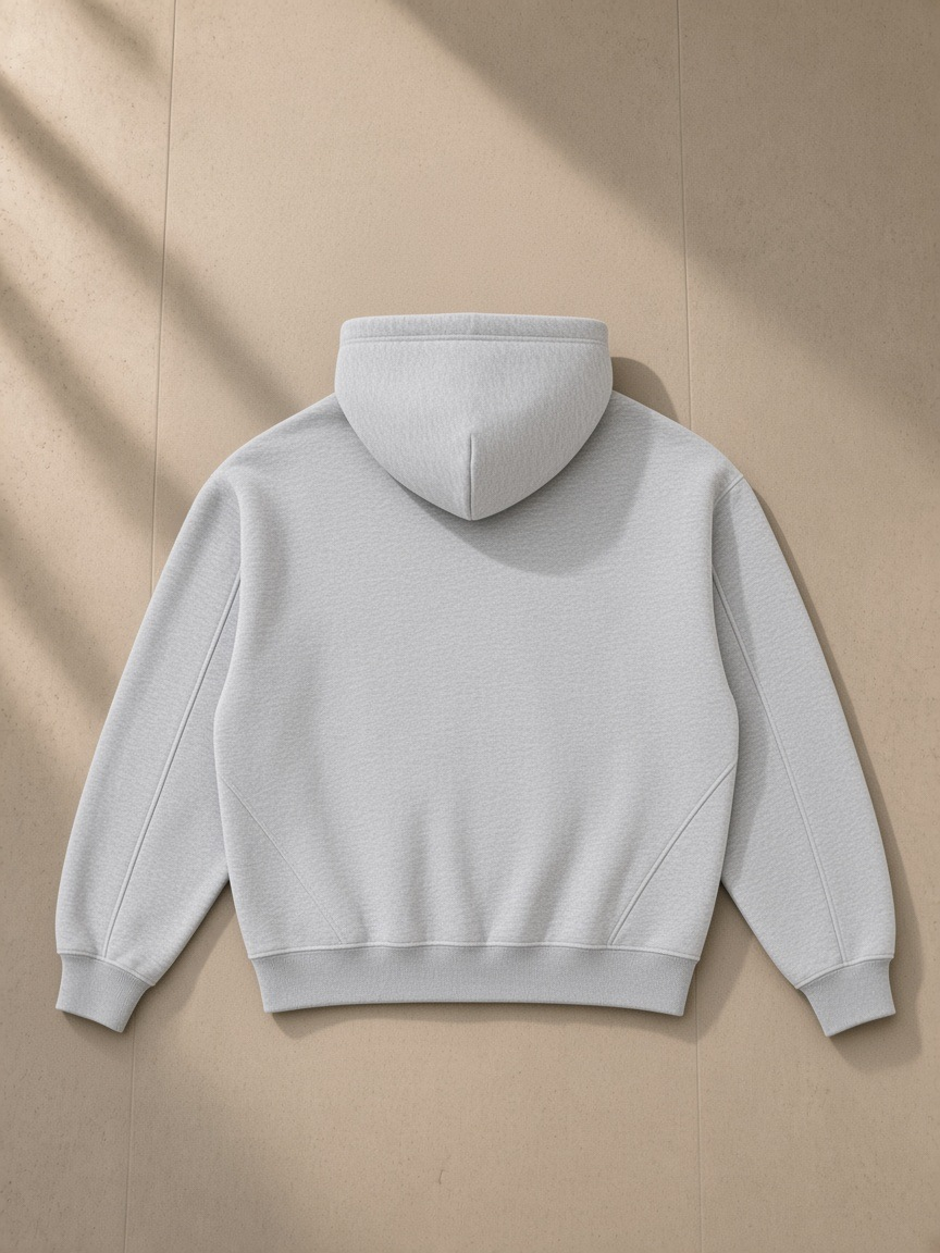 Contrast-stitched boxy fleece zip hoodie in Flower Gray, laid flat on pale limestone, back view