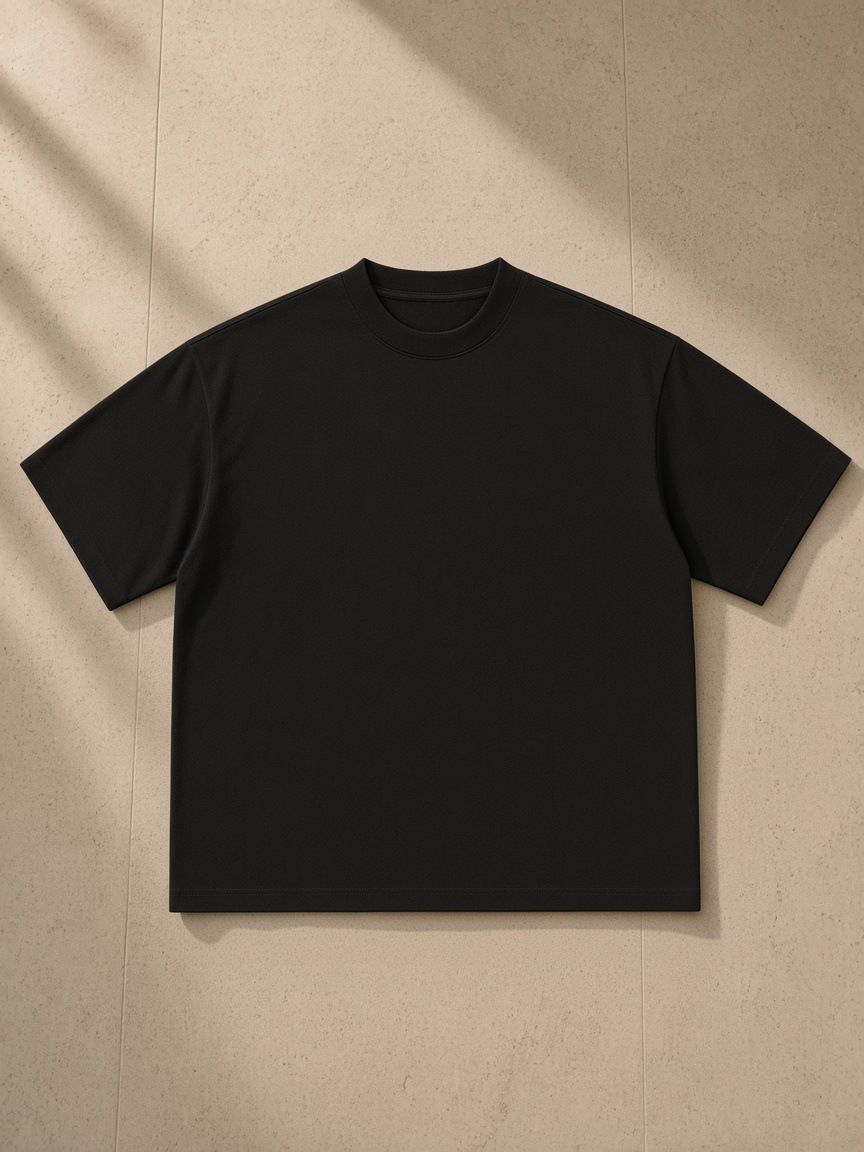 Women's Boxy Oversized T-Shirt in Black, laid flat on pale limestone