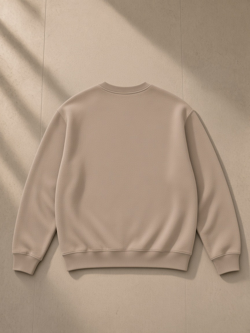 Fleeced sweatshirt in Gray Apricot, laid flat on pale limestone, back view