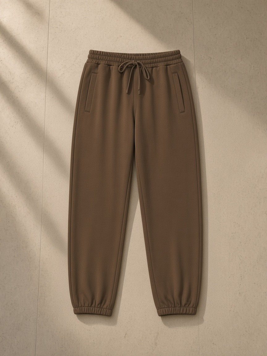 Women's Loose Fit Tapered Joggers in Coffee, laid flat on pale limestone