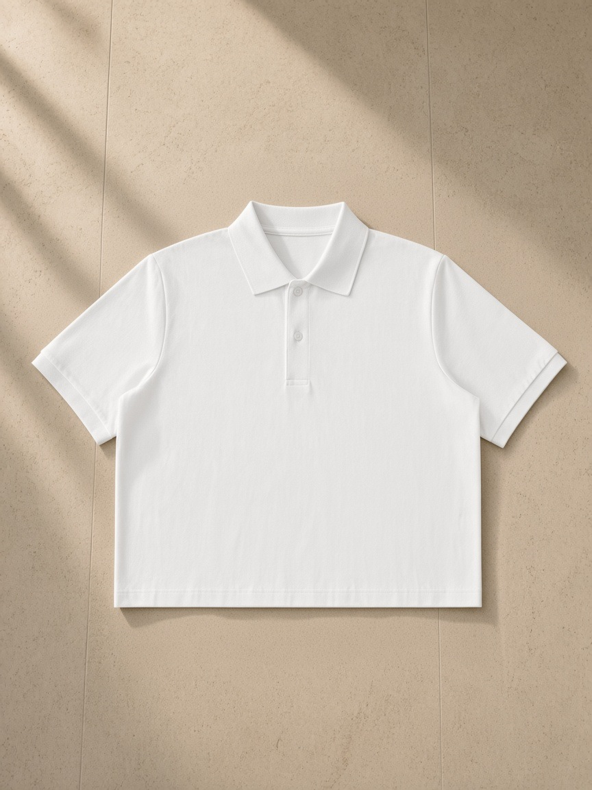 Cropped polo shirt in White, laid flat on pale limestone