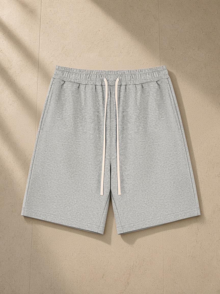 Drawstring shorts in Flower Gray, laid flat on pale limestone