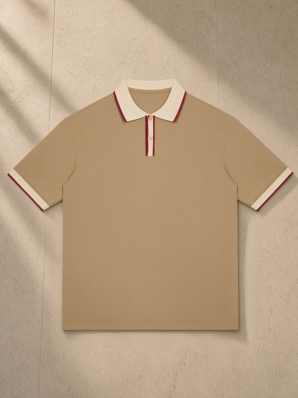 Color Block Polo Shirt in Khaki with Beige Camel, laid flat on pale limestone, front.