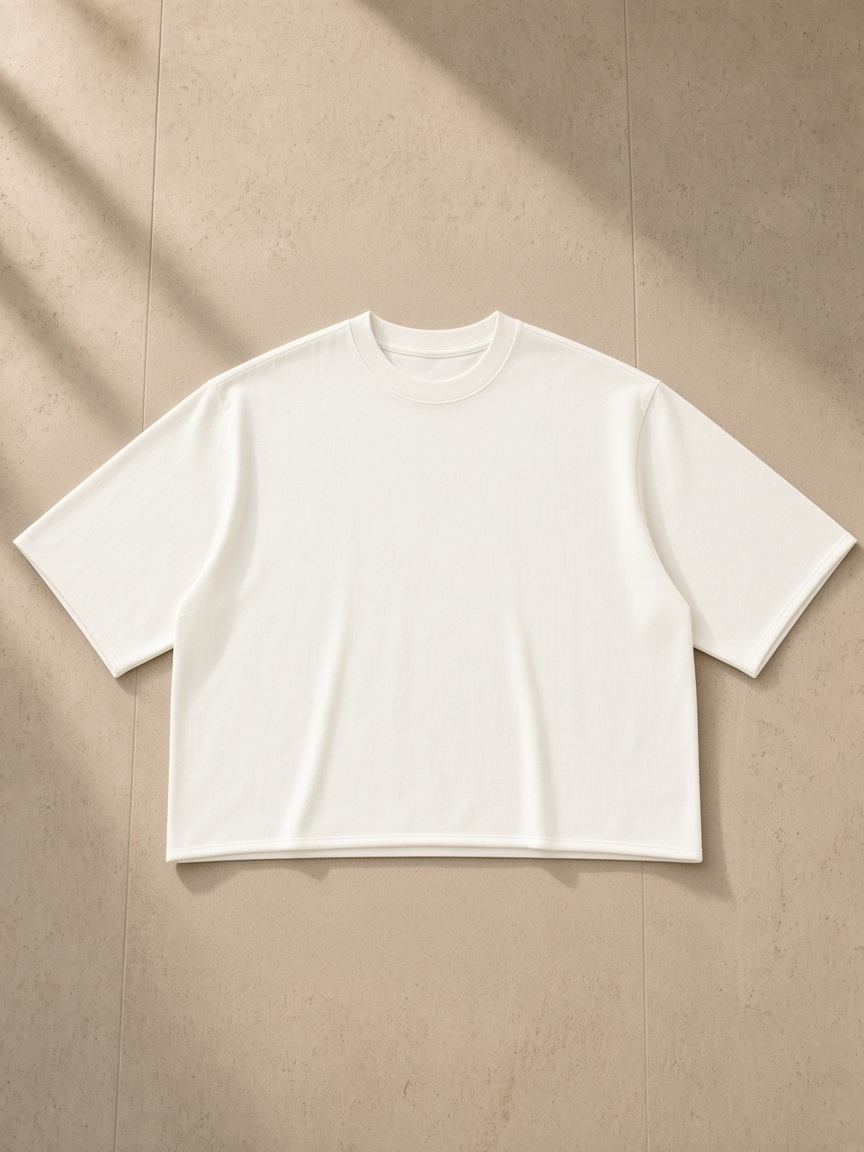 Unisex mineral wash raw hem boxy t-shirt in White, laid flat on pale limestone