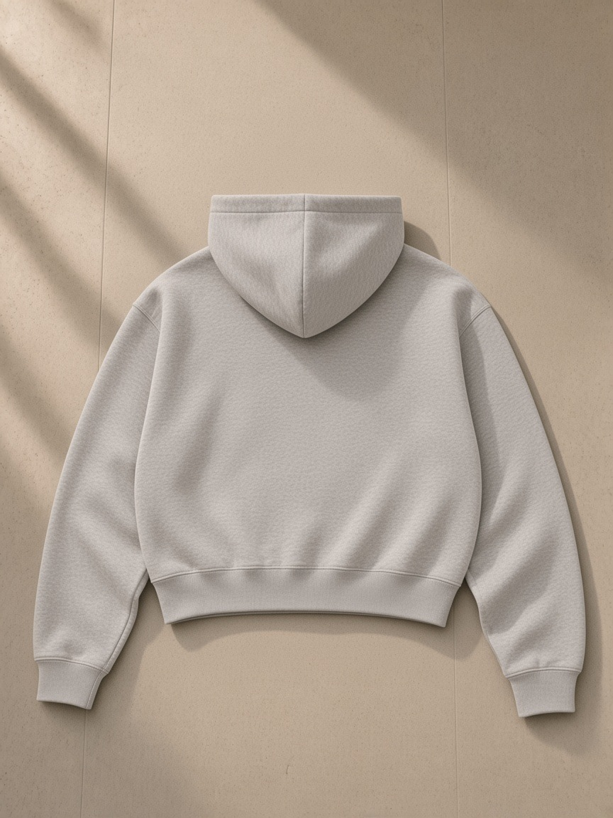 Essential cropped zip-up hoodie in Flower Gray, laid flat on pale limestone, back view