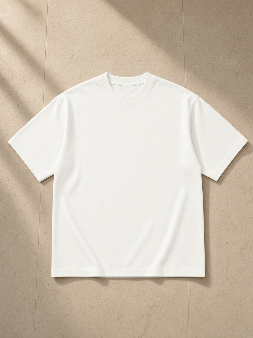 Unisex heavyweight oversized t-shirt in White, laid flat on pale limestone