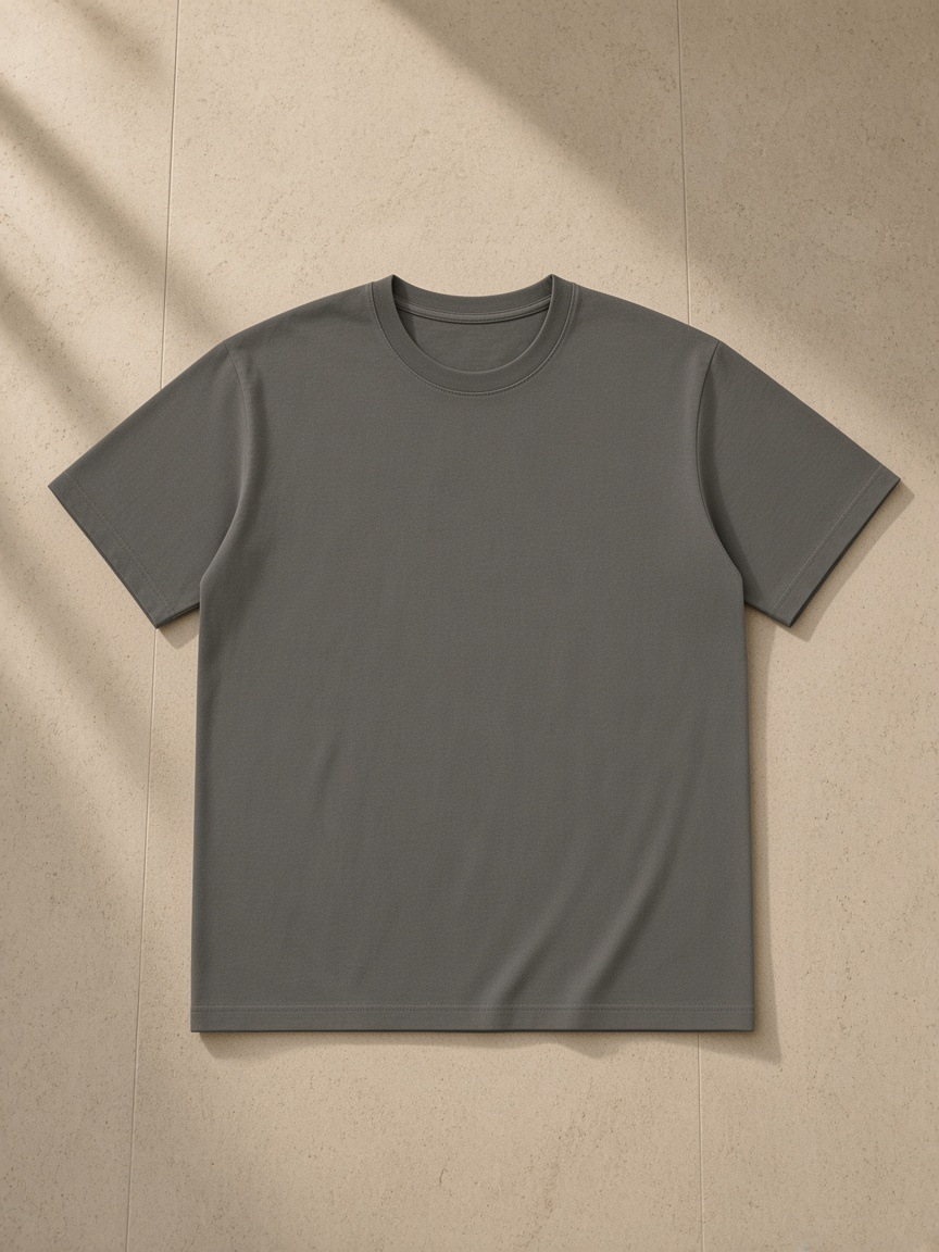 Pure Cotton T-Shirt in Charcoal Gray, laid flat on pale limestone