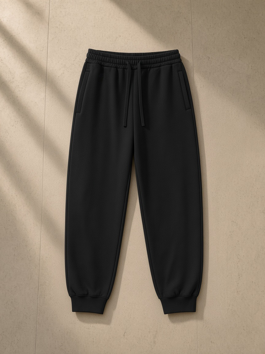 Essential drawstring jogged sweatpants in Black, laid flat on pale limestone