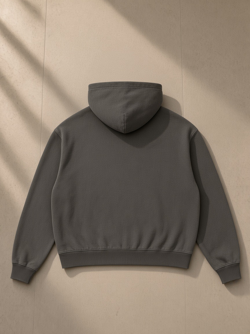 Mineral Wash Boxy Hoodie in Coffee, laid flat on pale limestone, back view