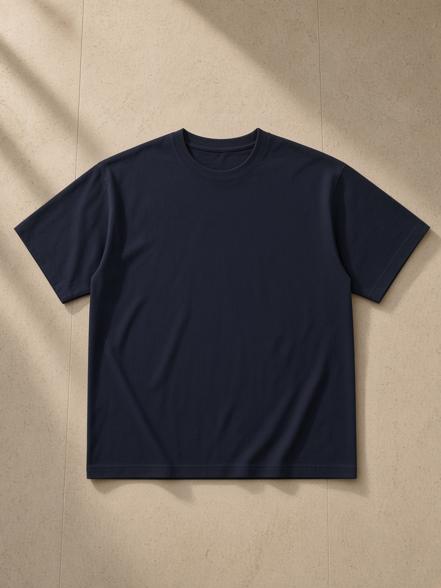 Unisex heavyweight drop shoulder cotton t-shirt in Navy tossed over a bouclé armchair in a Hudson rooftop penthouse at night