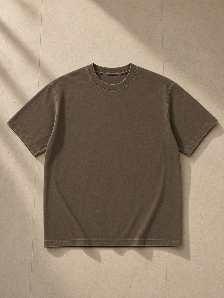 Vintage Wash Boxy T-Shirt in Brown, laid flat on pale limestone