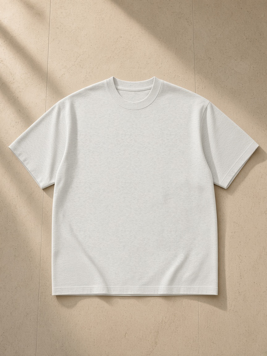 Men's Heavyweight Drop Shoulder T-Shirt in Oat Gray, laid flat on pale limestone