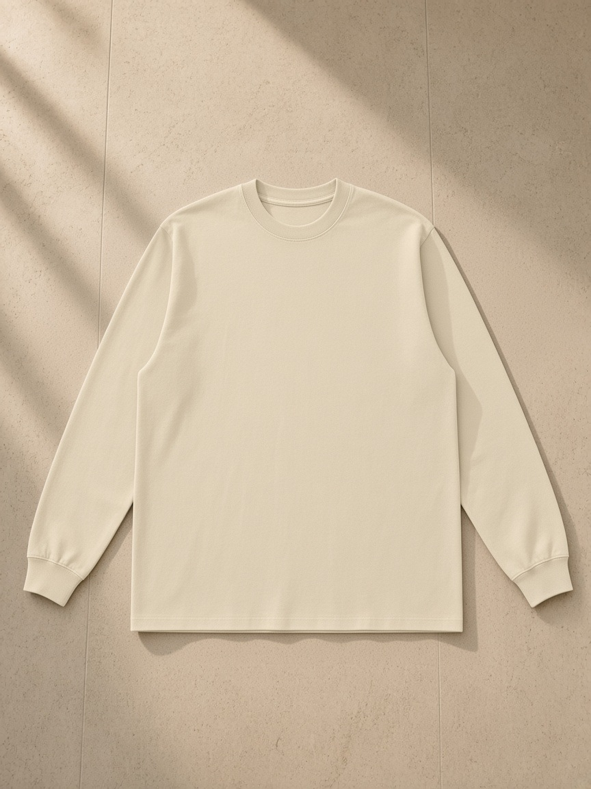 Raw Hem Long Sleeve T-Shirt in Mild Apricot, laid flat on pale limestone