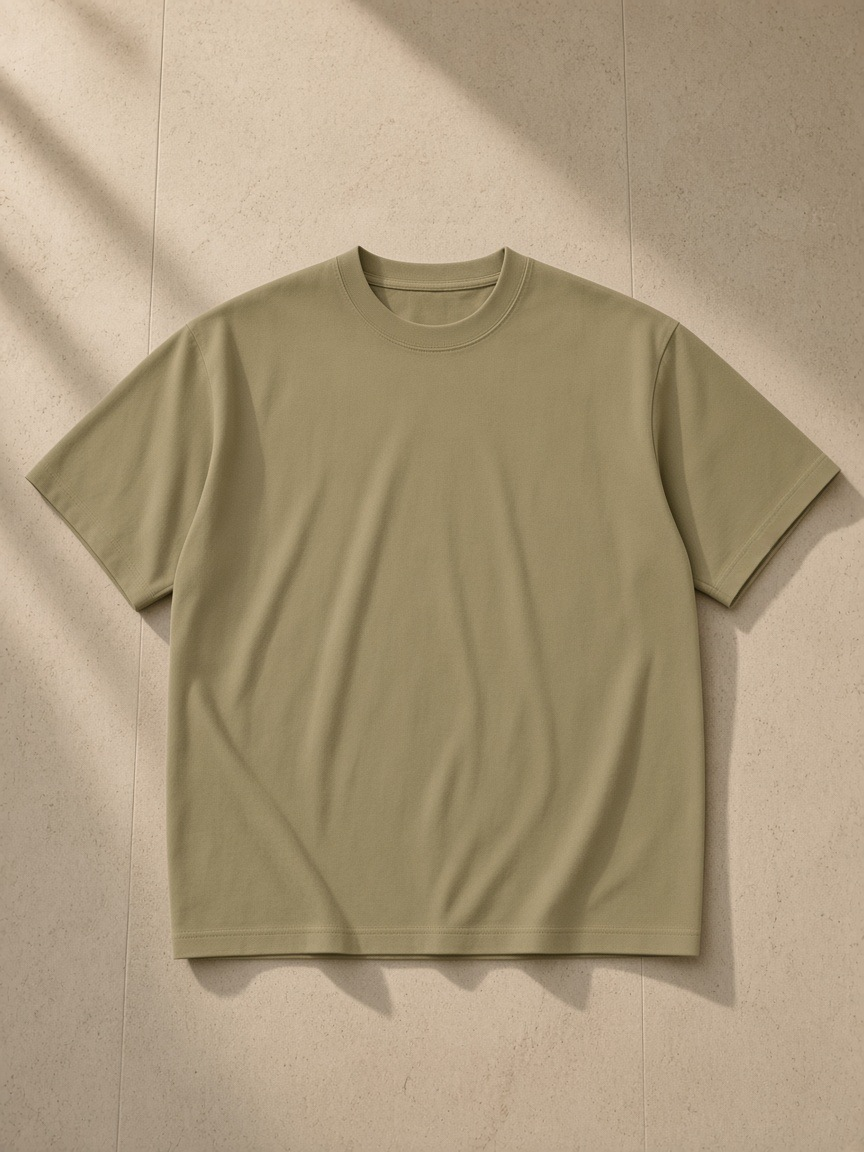 Sueded Cotton T-Shirt in Gray Coffee, laid flat on pale limestone, front.