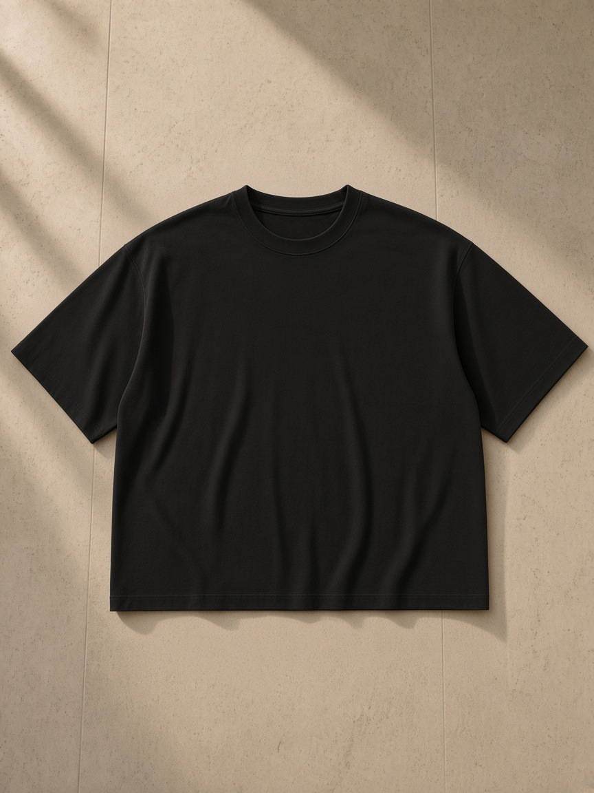 Unisex washed rolled hem half sleeve t-shirt in Black, laid flat on pale limestone