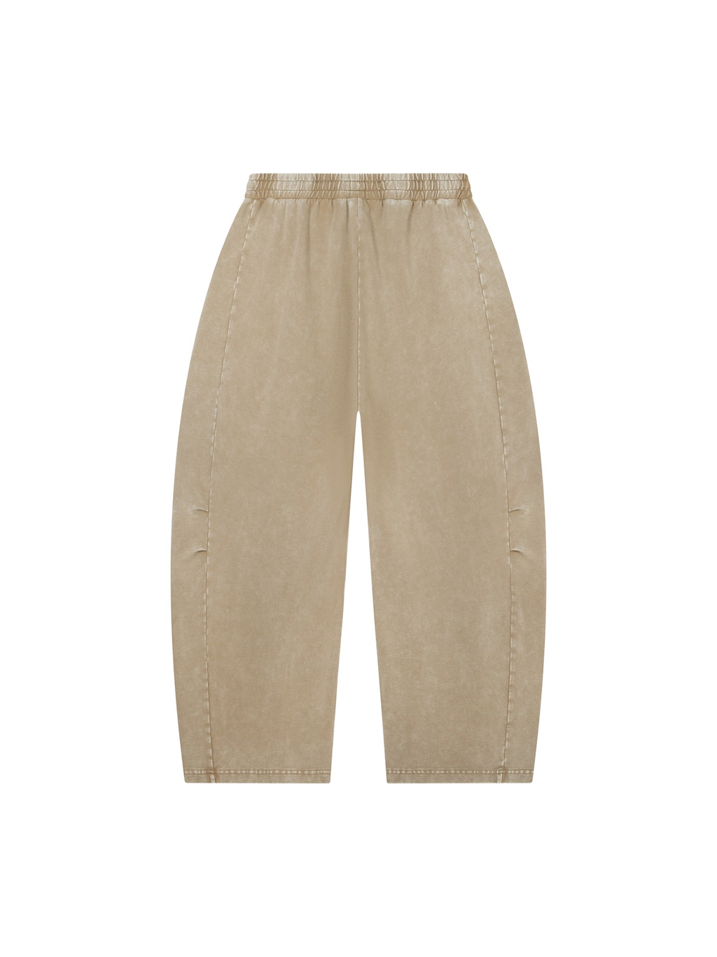 Unisex mineral wash barrel leg pants in Khaki, back view on white. Marcel Afters