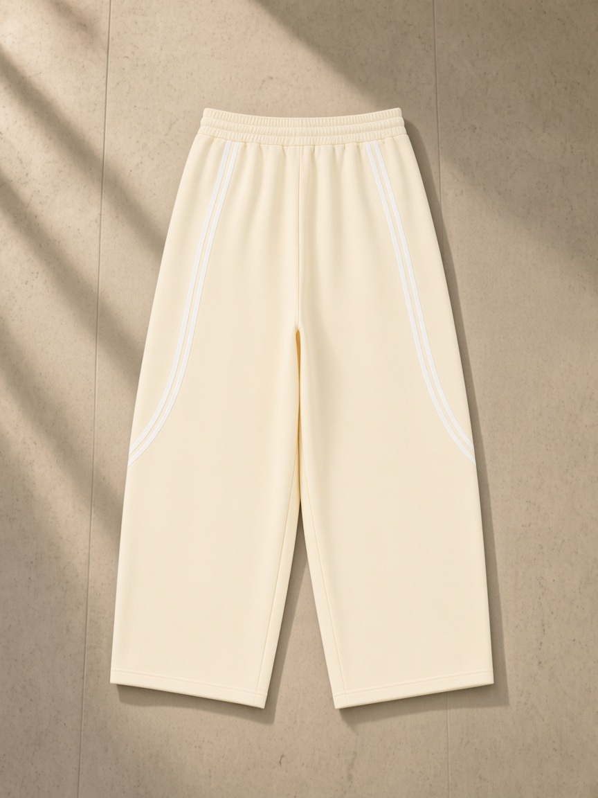 Wide Leg Piping Sweatpants in Apricot, laid flat on pale limestone, back.