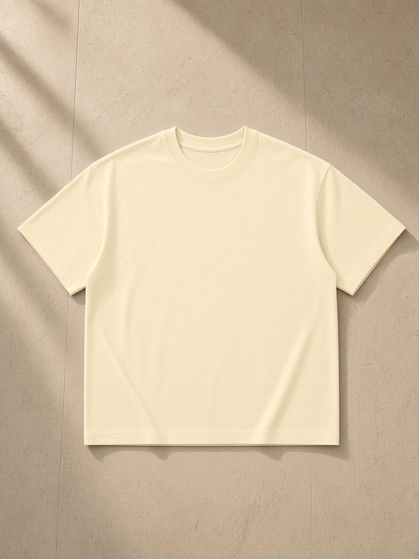 Unisex boxy drop shoulder t-shirt in Apricot, laid flat on pale limestone
