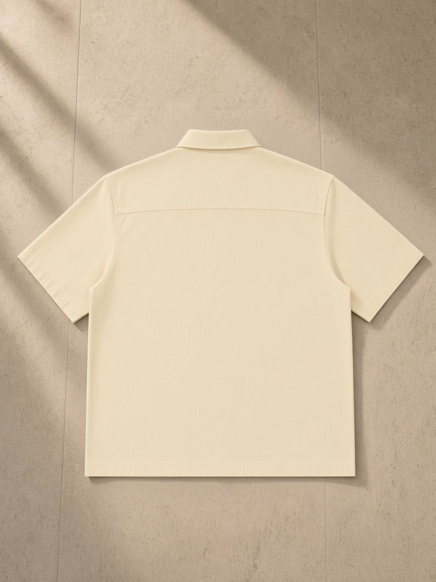 Boxy Patch Pocket Short Sleeve Shirt in Apricot, laid flat on pale limestone, back.