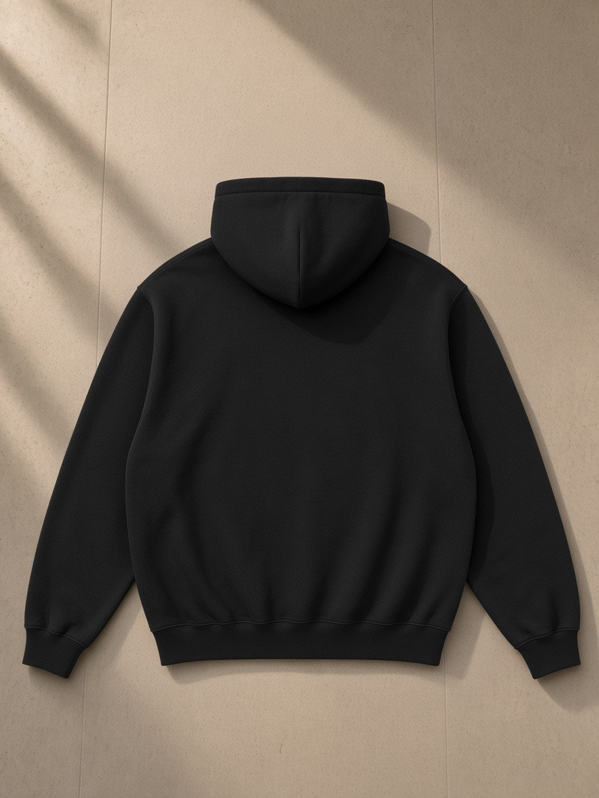 Fleeced boxy hoodie in Black, laid flat on pale limestone, back view