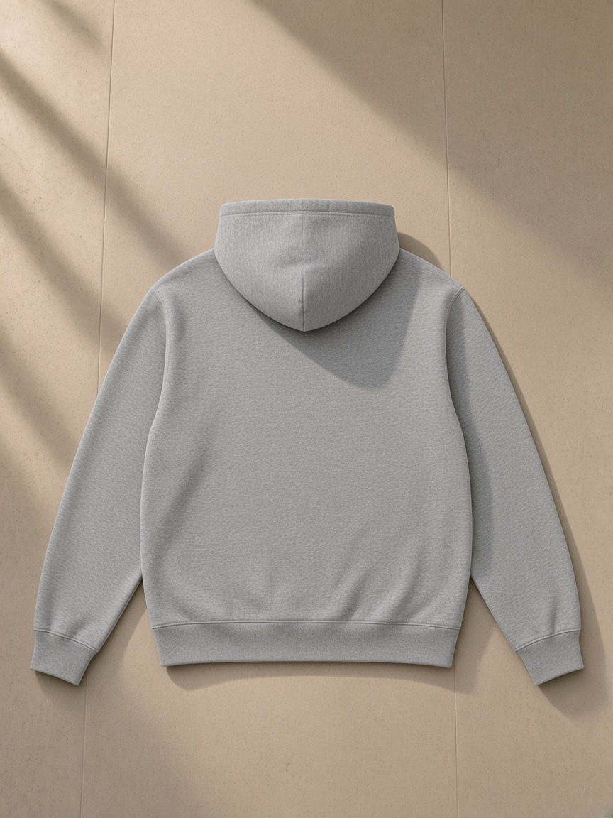 Unisex regular fit full zip hoodie in Flower Gray, laid flat on pale limestone, back view