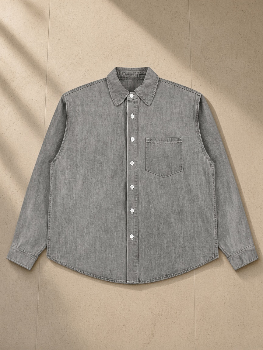 Vintage Wash Denim Shirt in Light Gray, laid flat on pale limestone