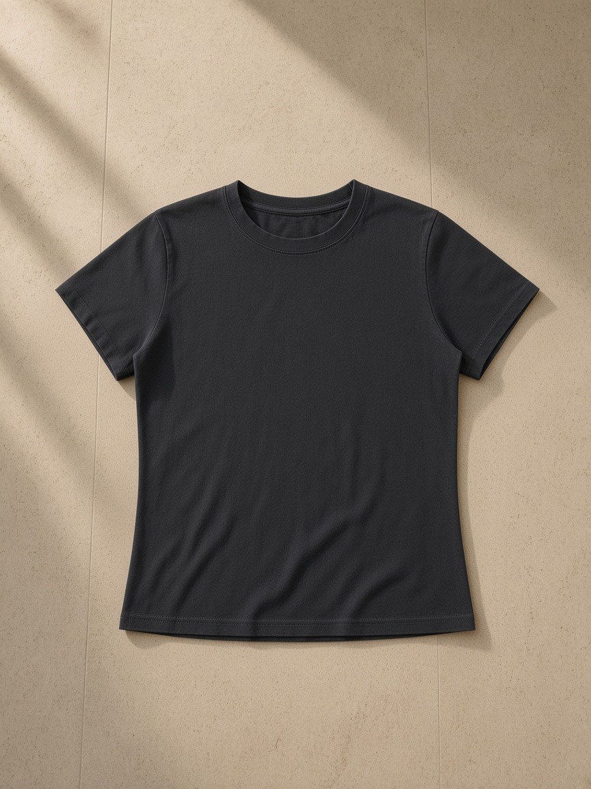 Vintage wash slim fit t-shirt in Black, laid flat on pale limestone