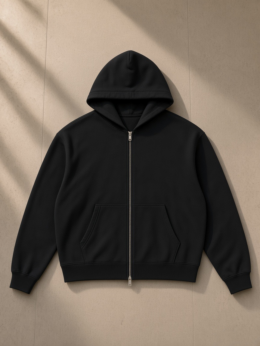 Women's heavyweight full-zip hoodie in Black, laid flat on pale limestone
