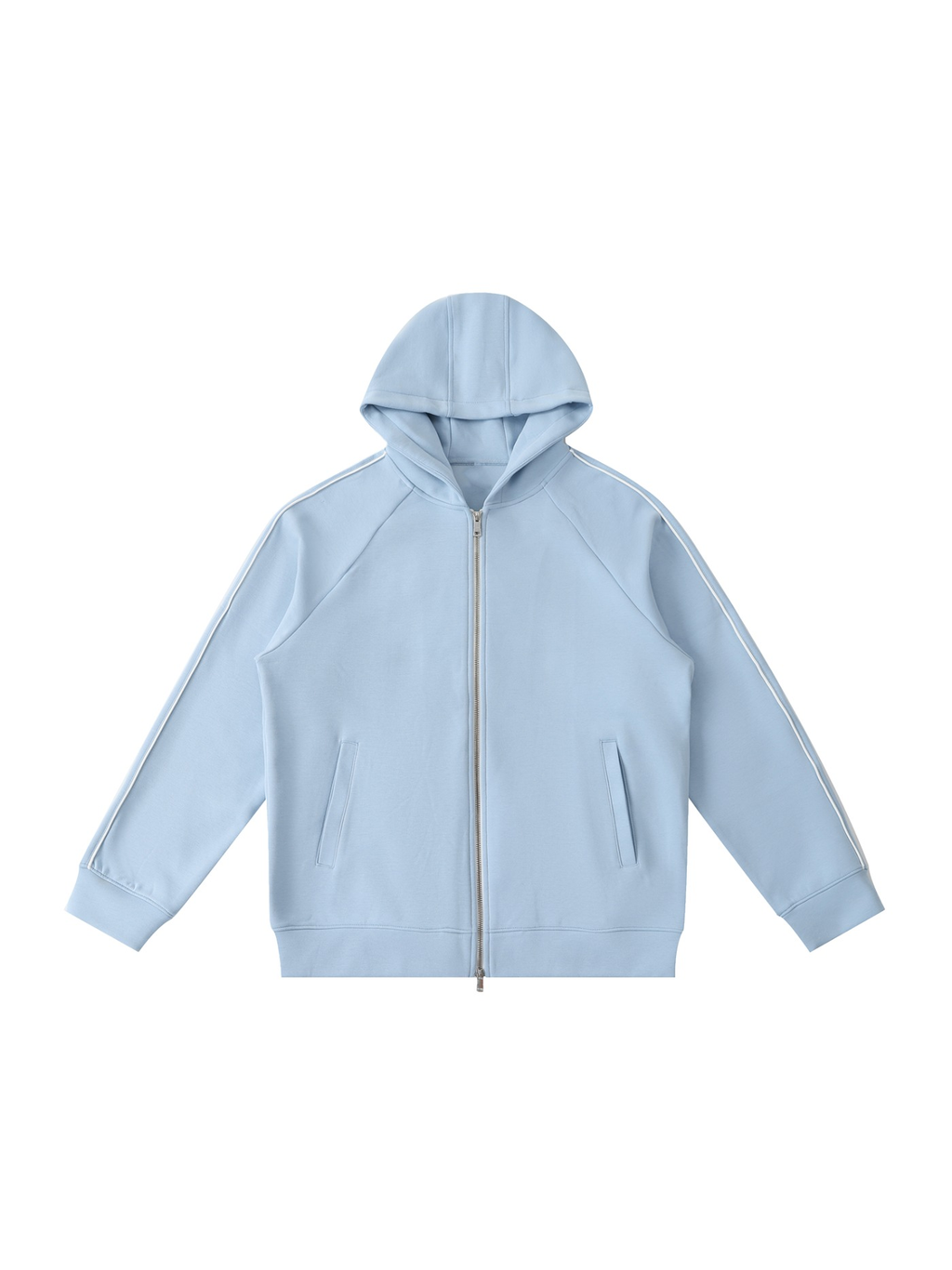Unisex heavyweight raglan sleeve zip hoodie in Blue, front view on white. Marcel Afters