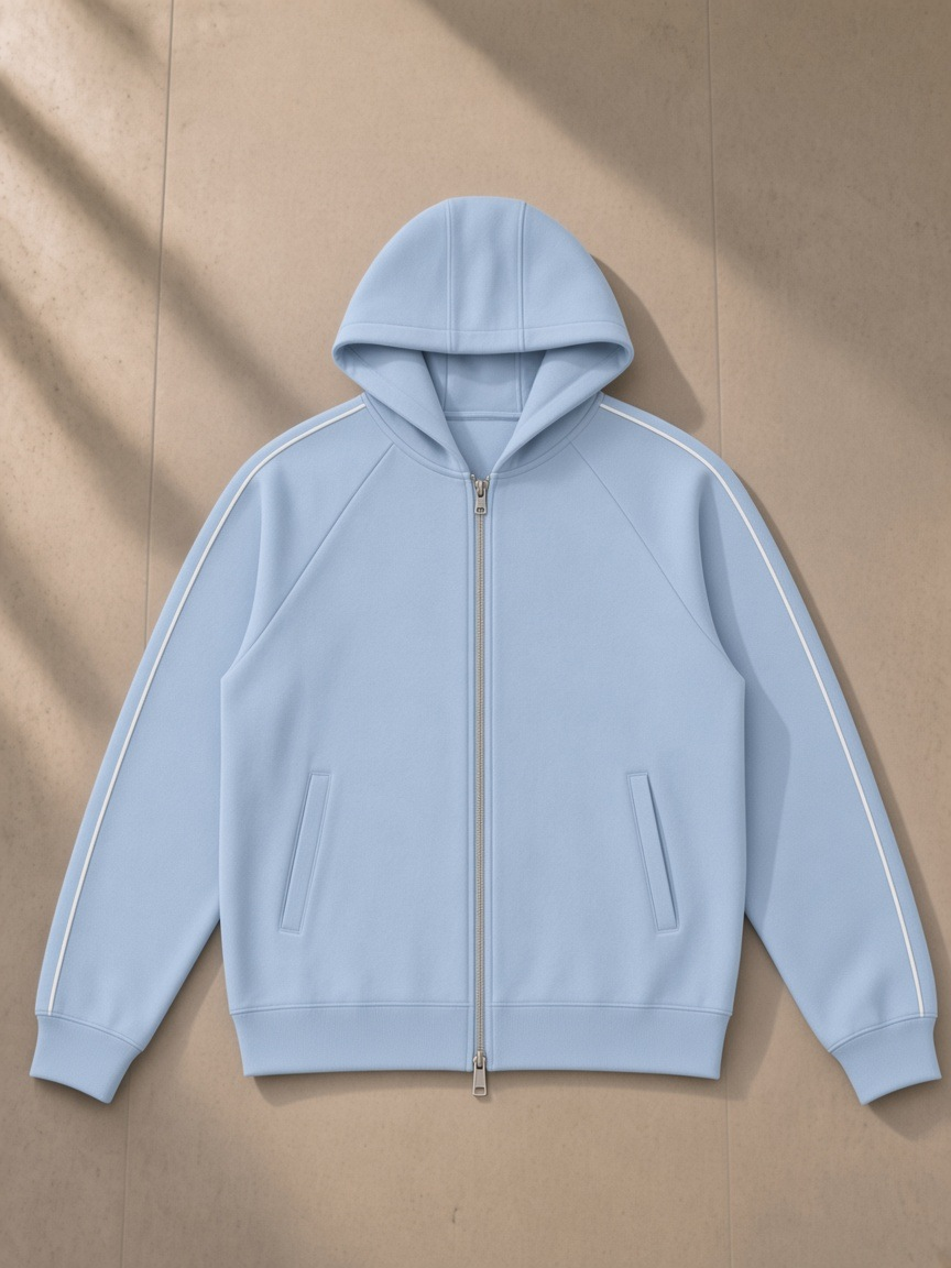 Heavyweight Raglan Sleeve Zip Hoodie in Blue, laid flat on pale limestone, front.
