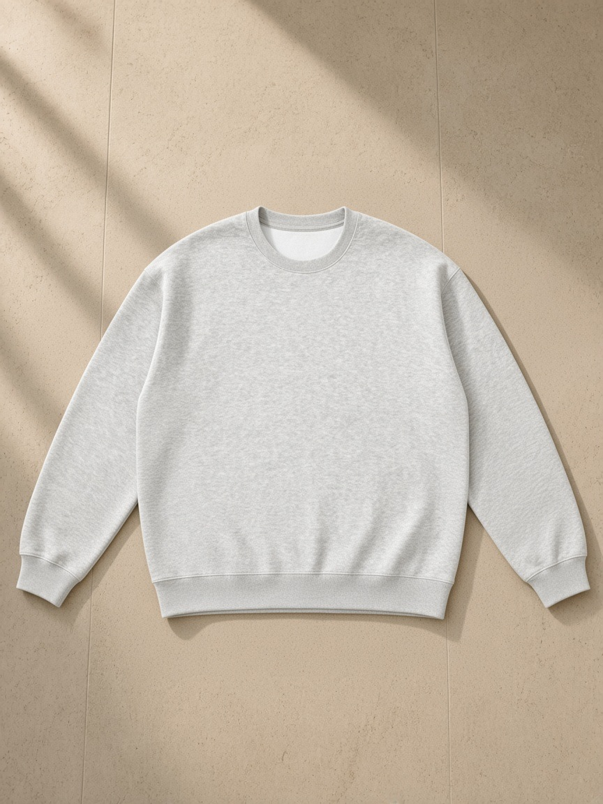 Oversized Drop Shoulder Crewneck Sweatshirt in Flower Gray, laid flat on pale limestone, front.