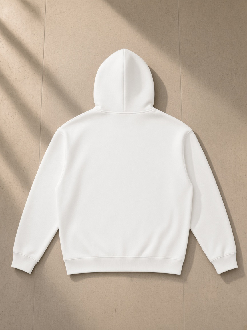 Unisex heavyweight hoodie in White, laid flat on pale limestone, back view