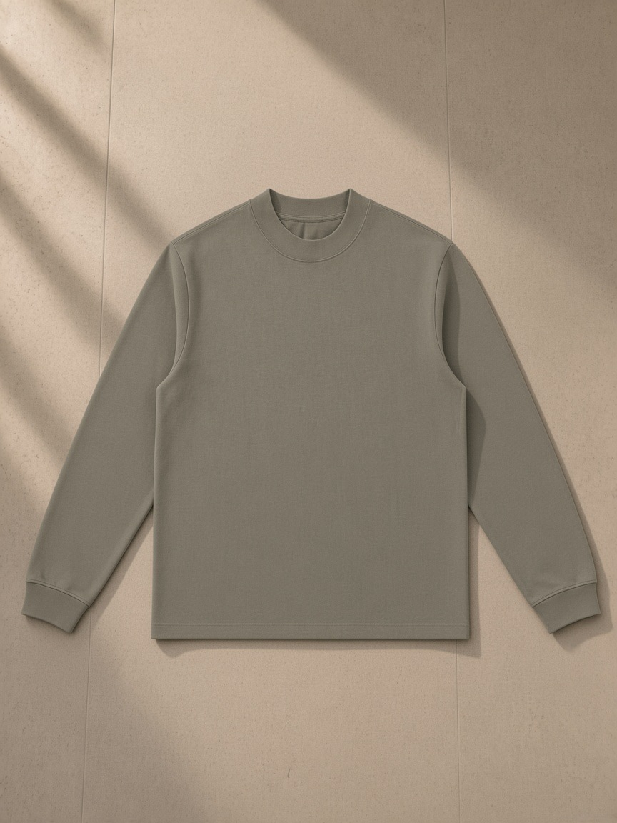 Mock Neck Sweatshirt in Gray, laid flat on pale limestone