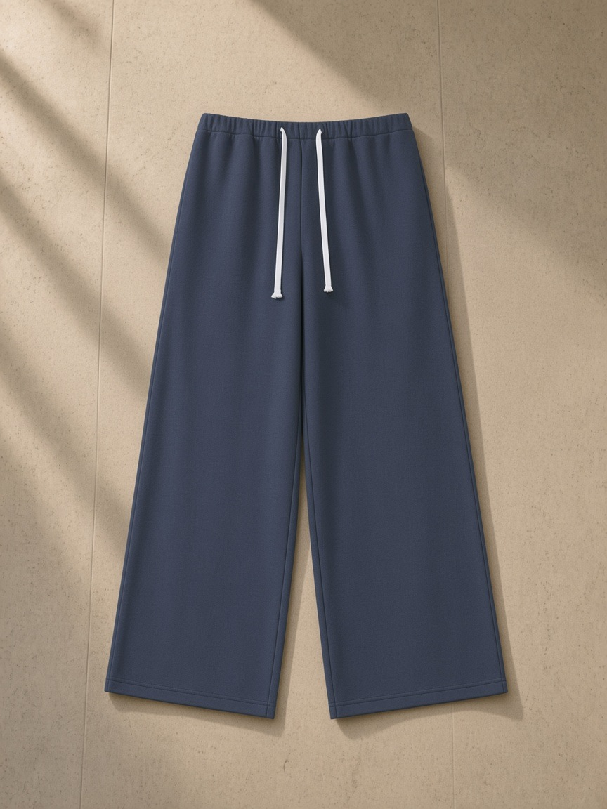 Women's wide leg sweatpants in Navy Blue, laid flat on pale limestone