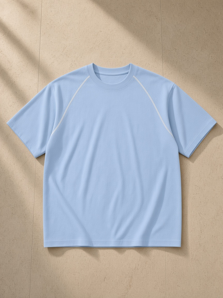 Unisex contrast stitch raglan t-shirt in Sky Blue, laid flat on pale limestone
